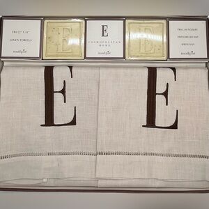 NEW Mud Pie Initial E Monogrammed Linen Guest Towel Soap Set